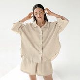 Cotton Linen Pajamas Outer Wear Long Sleeve Shorts Two Piece Set Loose Home Wear